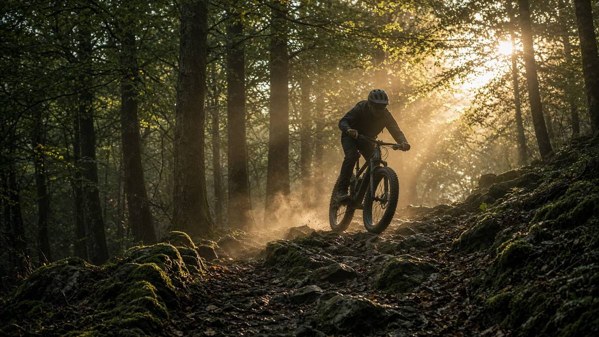 Fahrer auf einem E-Mountainbike an einem steilen Waldhang