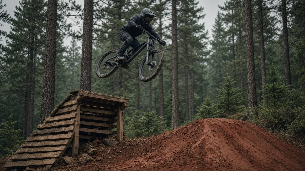 Downhill-Fahrer springt von einem Holzdrops im Bikepark