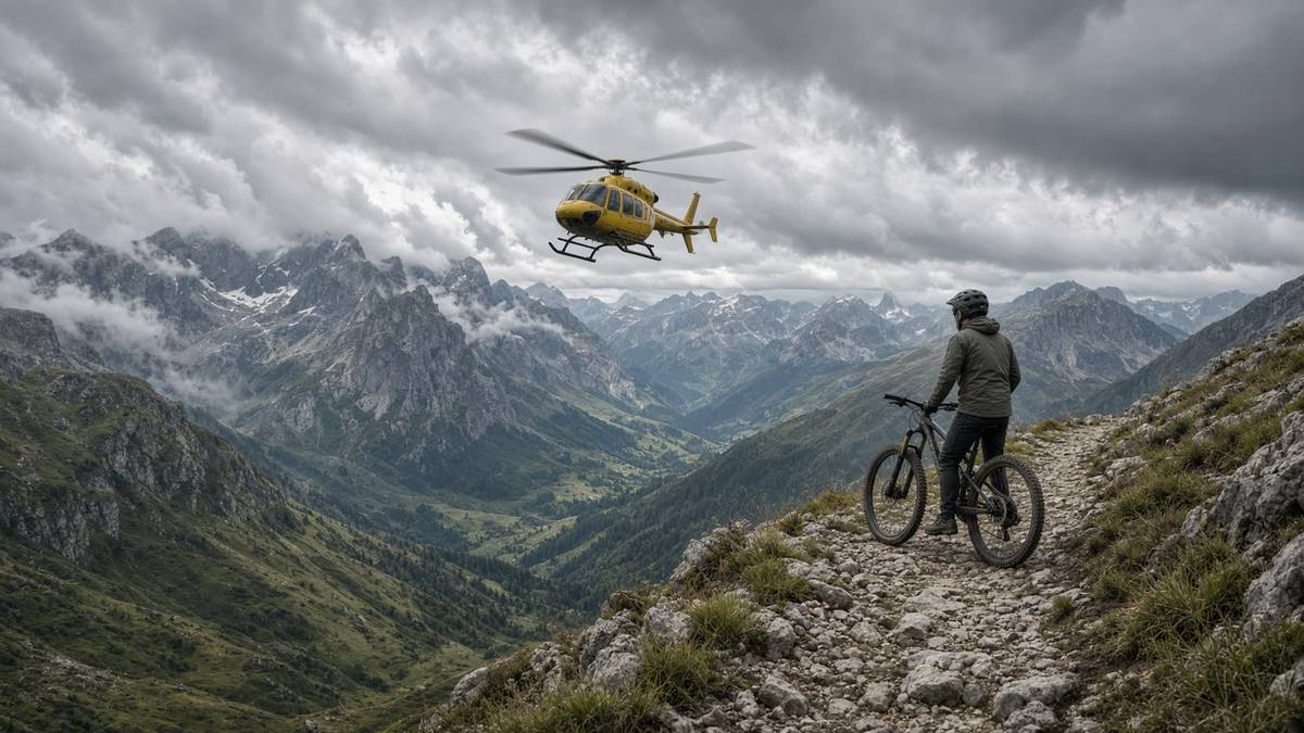 Rettungshubschrauber über einem alpinen Mountainbike-Trail
