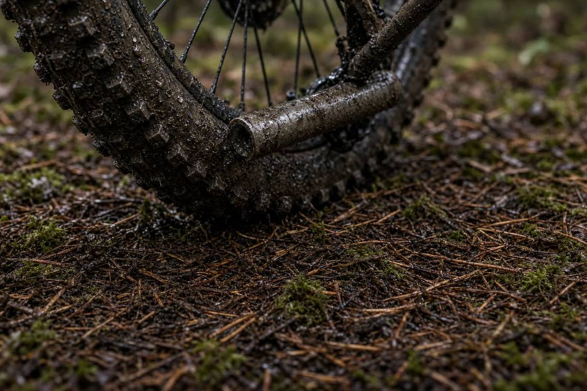 Verschlammtes Mountainbike im Wald