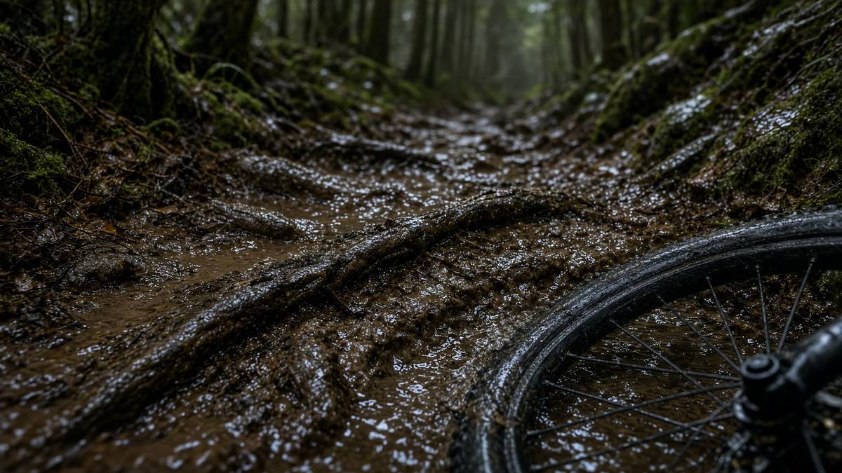 Nasser Singletrail mit Wurzeln und Mountainbike-Reifen im Allgäu